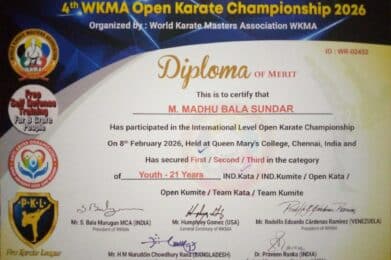 Karate Championship Victory – Achievement Overview The Department of Computer Science (Self Finance), Kamaraj College (Autonomous), Thoothukudi, proudly celebrates a remarkable sporting achievement by its student M. Madhu Bala Sundar of II B.Sc. Computer Science – Batch III. He participated in the International Level Open Karate Championship held at Queen Mary's College, Chennai on 8 February 2026 and secured 1st Place in the Individual Kata – Youth (21 Years Category). This outstanding performance marks a proud moment for the department and the institution. About the Karate Championship Victory The Karate Championship Victory reflects dedication, discipline, and years of consistent practice. Competing at an international-level open championship demands high physical endurance, mental focus, and technical precision. Securing first place in the Individual Kata category signifies: Mastery of form and technique Precision in execution Strong mental concentration Competitive confidence under pressure The Youth (21 years) category featured talented participants from various regions, making the achievement even more commendable. Understanding the Individual Kata Event In karate, Kata represents a sequence of structured movements demonstrating offensive and defensive techniques against imaginary opponents. Success in this event depends on: Balance and posture Coordination and rhythm Power control and breathing Accuracy in stance and transitions Winning the Individual Kata category at an international platform highlights technical excellence and consistent training. Departmental Pride and Recognition The Karate Championship Victory has brought immense pride to the Department of Computer Science (SF). Academic excellence combined with sporting achievements reflects the holistic development encouraged by the institution. The Management, Principal, faculty members, and fellow students congratulated M. Madhu Bala Sundar for his exceptional accomplishment and dedication. Internal Link: Kamaraj College (Autonomous), Thoothukudi Significance of Sports in Higher Education Achievements such as this Karate Championship Victory underline the importance of sports in higher education. Participation in competitive sports helps students develop: Discipline and time management Confidence and resilience Leadership qualities Physical and mental strength Balancing academics with sports requires determination and effective planning. International Exposure and Competitive Excellence Competing in an International Level Open Championship provides exposure to diverse competitors and high standards of evaluation. The Karate Championship Victory at such a platform enhances the student’s profile and reflects dedication to continuous improvement. The event held at Queen Mary’s College, Chennai, attracted skilled karate practitioners, making the competition highly challenging. Encouraging Student Talent Beyond Academics Kamaraj College (Autonomous), Thoothukudi strongly encourages students to pursue excellence in co-curricular and extracurricular activities. The Karate Championship Victory demonstrates the institution’s commitment to supporting diverse talents. Participation in sports fosters holistic personality development and builds character alongside academic achievement. National and International Karate Platforms Karate continues to gain recognition at national and international levels. Participation in competitive events opens pathways for advanced training and higher-level competitions. For more information about karate federations and sports development initiatives: External Links: World Karate Federation Sports Authority of India Overall Impact of the Karate Championship Victory The Karate Championship Victory achieved by M. Madhu Bala Sundar stands as a symbol of determination and excellence. His success inspires fellow students to pursue their passions with dedication and confidence. The achievement reinforces the institution’s reputation for nurturing well-rounded individuals. Conclusion The remarkable Karate Championship Victory secured on 8 February 2026 is a proud milestone for the Department of Computer Science (SF) and Kamaraj College. Winning 1st place in the Individual Kata – Youth category at an international-level championship reflects outstanding skill and perseverance. The institution wholeheartedly congratulates M. Madhu Bala Sundar and wishes him continued success in his future endeavours.