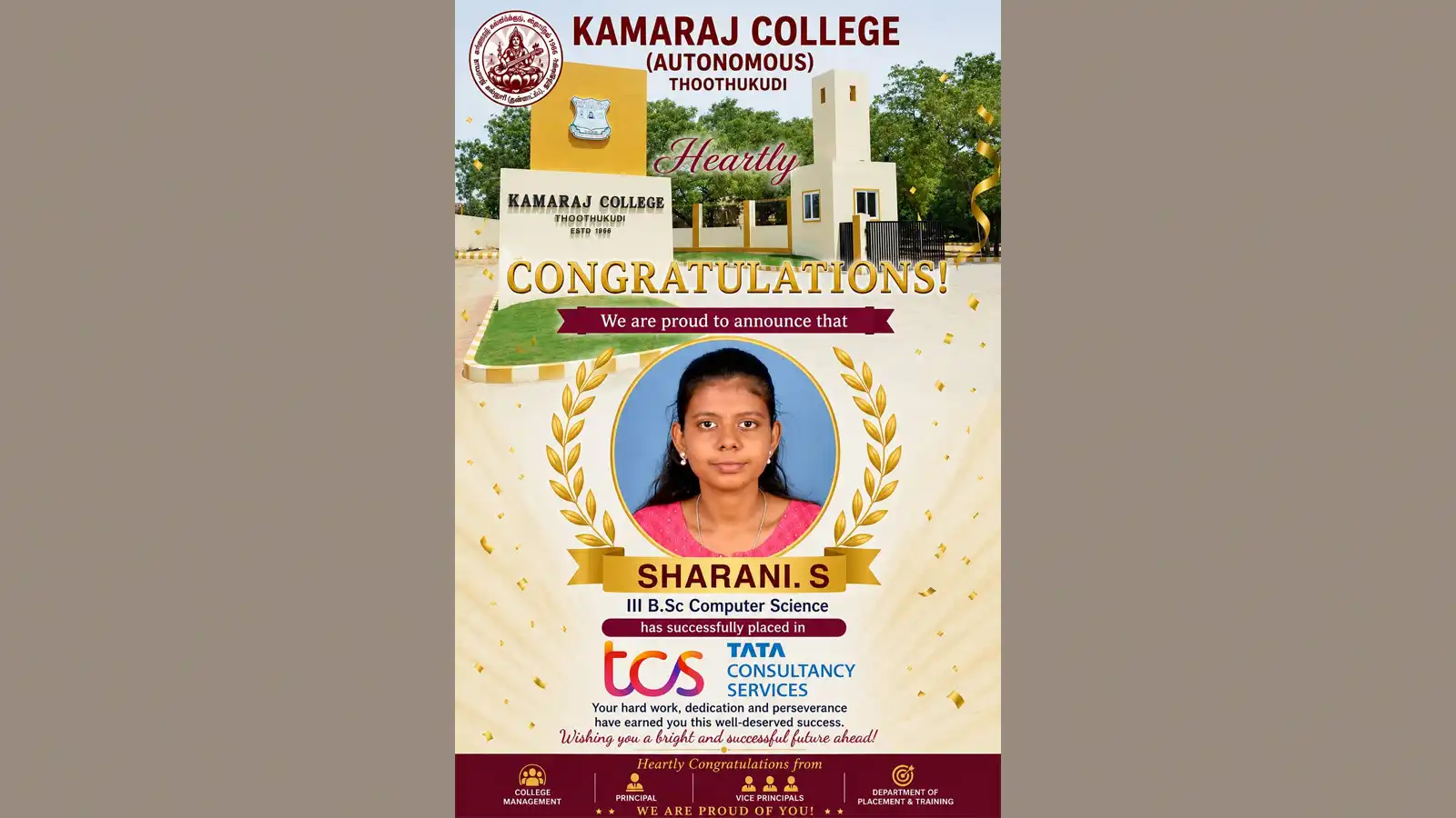 Kamaraj College Student Placed in TCS